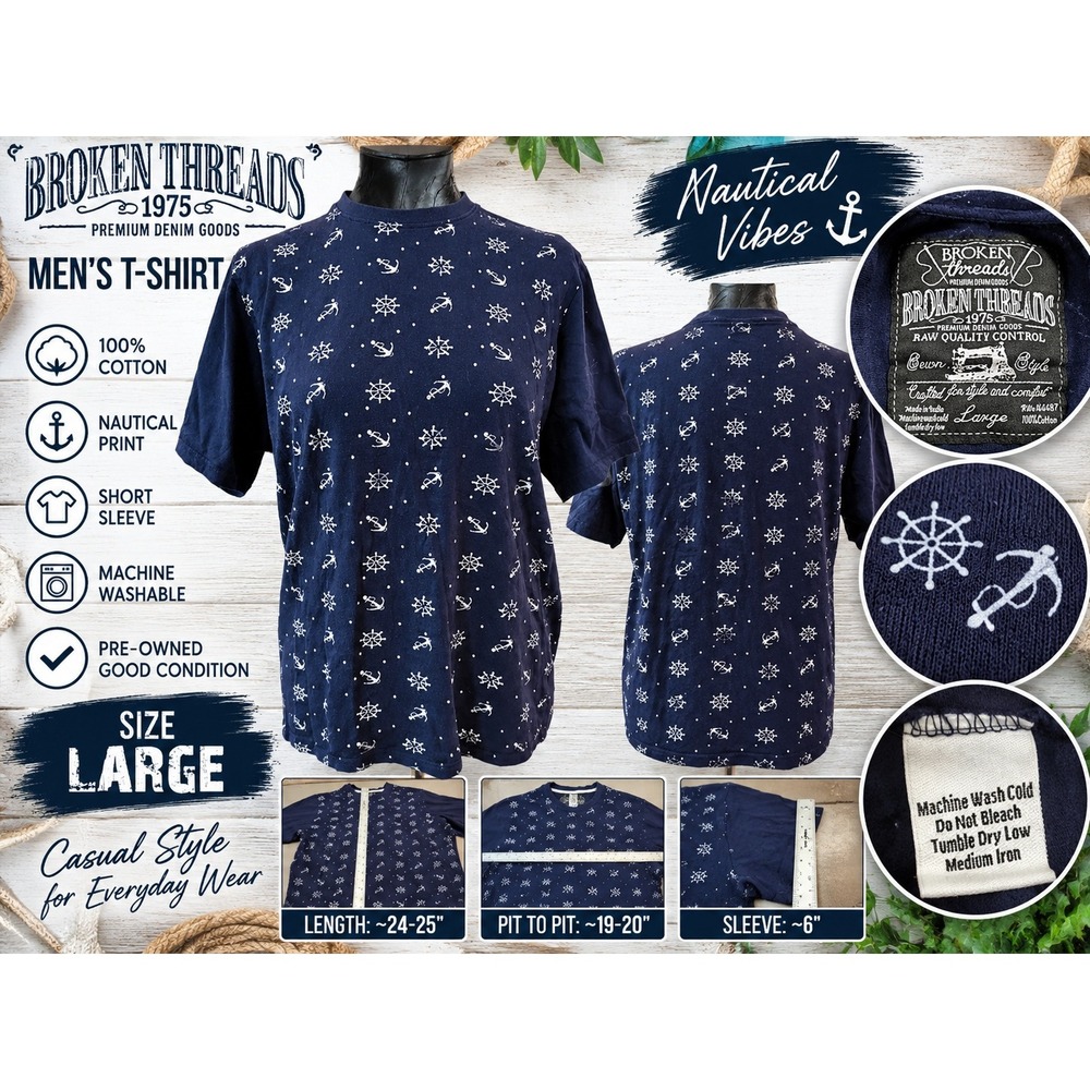 Broken Threads 1975 Mens Nautical T-Shirt Navy Blue Anchor Ship Wheel Print L